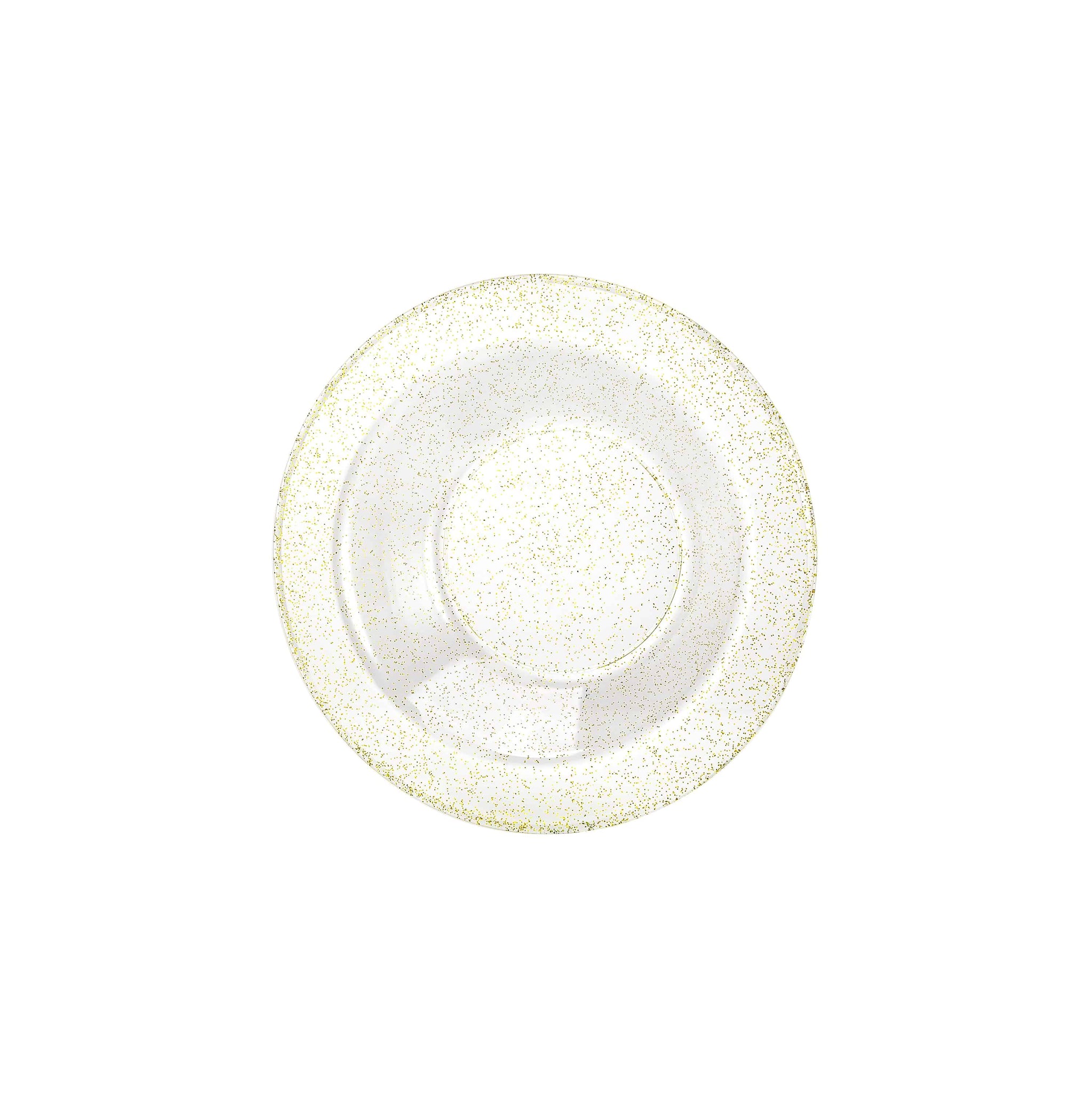 Gold glitter plastic bowls in 5 oz and 14 oz sizes, perfect for soups, salads, desserts, dips, and appetizers. Ideal for weddings, parties, catering, and events. Durable, BPA-free, reusable, and disposable.