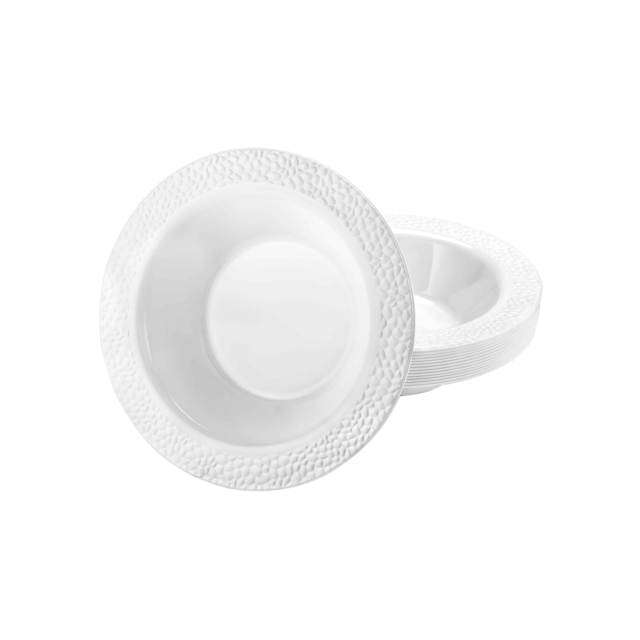 Pebbled Premium Pearl Bowls in 14oz and 5oz sizes. Durable, reusable tableware with a pearl finish. Ideal for soups, salads, desserts, and sides at weddings, catering events, parties, and home dining.