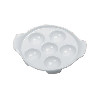 EcoQuality This escargot plate is a professional-grade porcelain dish designed for serving escargot and small garnished appetizers. Made from high-fired, food-safe porcelain, it measures approximately 6.50 inches in diameter and features six holes for portion control. Used in restaurants and catering operations, the model supports medium-use environments such as regional kitchens, back-of-house setups, and small restaurants for consistent presentation of escargot and similar offerings.