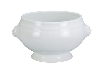 Great for serving clear broth and other scrumptious soups, the Lion Bouillon 15 Oz, will be a welcome addition to your dinnerware collection. This white ceramic bouillon features two nobby lionshead handles that help with carrying and contribute to its classic look. The bouillon bowl has a generous 15 ounce capacity and can be warmed in an oven or microwave before serving.
