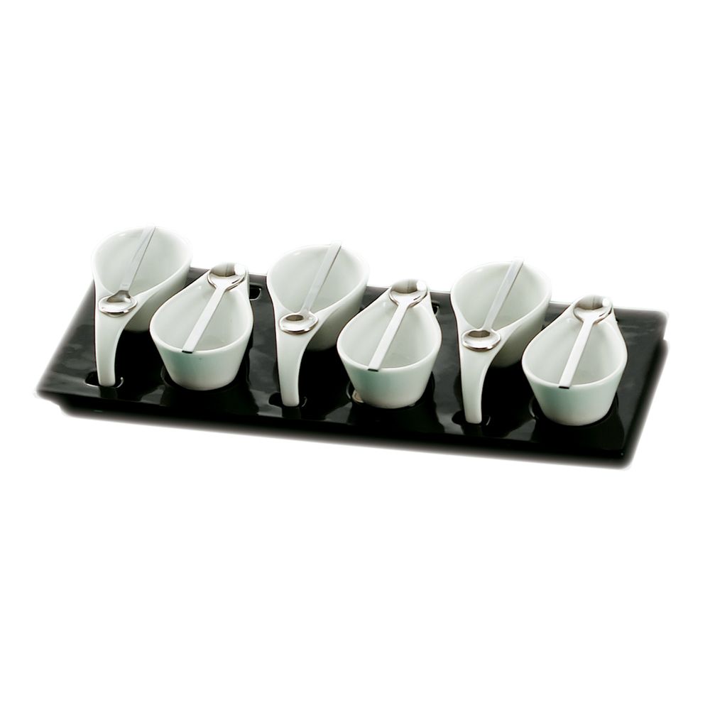 6-cup 2ozx6 set with 6 spoons on a black rectangular tray, ideal for serving mini appetizers, tastings, and small portions at elegant parties, cocktail events, and more.