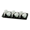 6-cup 2ozx6 set with 6 spoons on a black rectangular tray, ideal for serving mini appetizers, tastings, and small portions at elegant parties, cocktail events, and more.