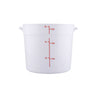 6-quart round food storage container made of BPA-free white polypropylene, stackable, leak-resistant, with clear measurement markings, freezer and dishwasher safe for commercial kitchen storage.