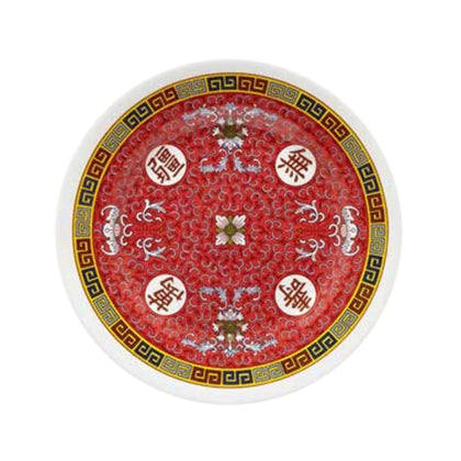 EcoQuality Asian Style Round Plate is made from durable and reliable melamine material. You can use this stylish plate to serve any dish you want. Ideal for serving  rice, noodles, appetizers or hot meals. This dinner plate is performed in red color, it will perfectly fit any restaurant environment. High quality affordable restaurant and household dinnerware.