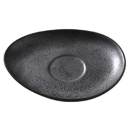 This durable oval saucer features a sleek black finish that complements various dinnerware collections. Its microwave, oven, and dishwasher-safe construction ensures ease of use in busy restaurant or catering settings, making it suitable for handling daily meal presentations or beverage service in institutional kitchens. High quality affordable restaurant dinnerware.