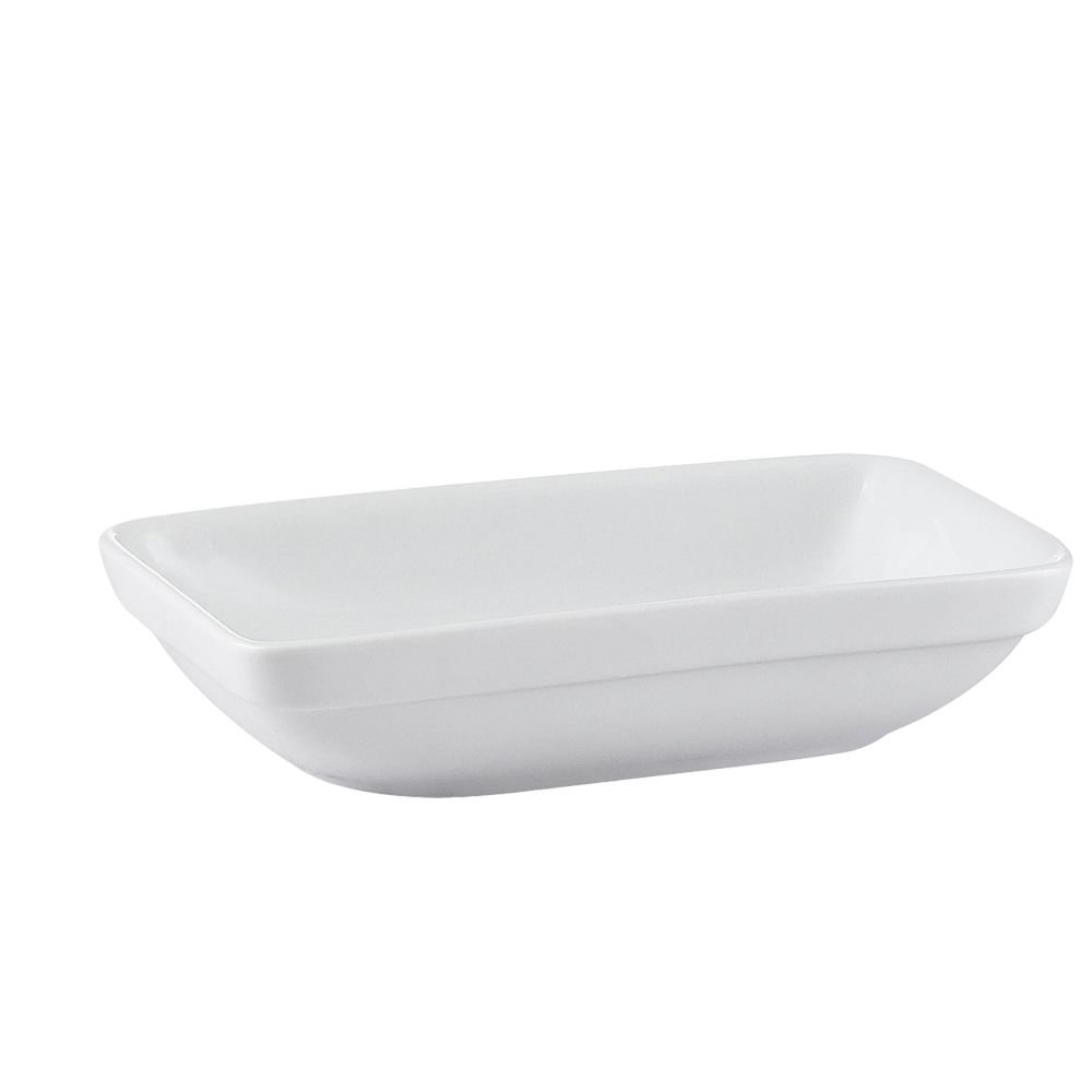 6 1/2” Rectangular Stacking Dish 10oz made from chip-resistant porcelain. Stackable, microwave & dishwasher-safe. Perfect for appetizers, sides, and sauces in elegant dining settings.