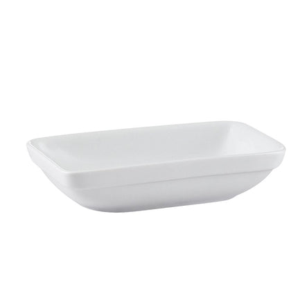 6 1/2” Rectangular Stacking Dish 10oz made from chip-resistant porcelain. Stackable, microwave & dishwasher-safe. Perfect for appetizers, sides, and sauces in elegant dining settings.