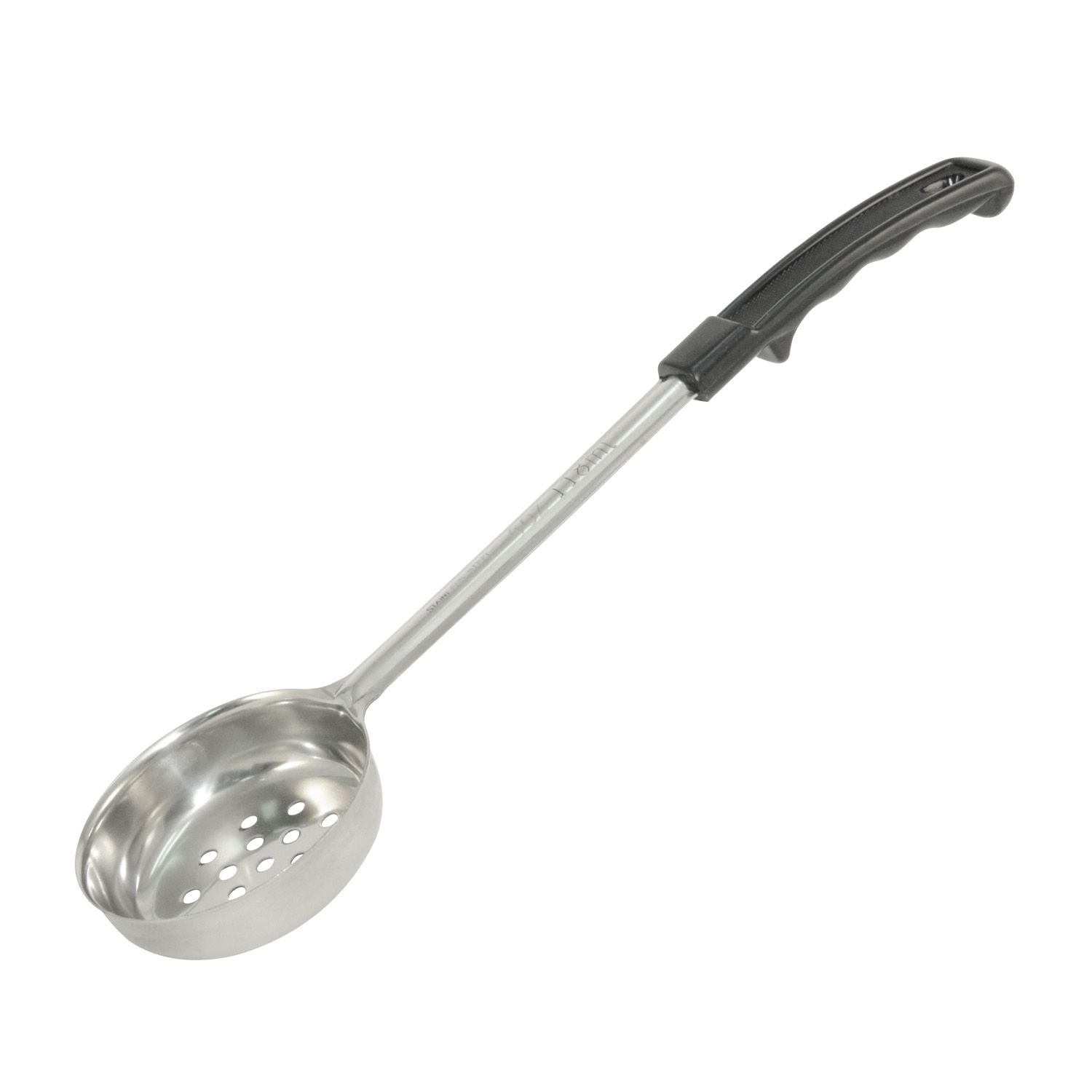 6oz stainless steel perforated portion spoon with black handle for foodservice. Ideal for draining and serving. Durable design for commercial kitchens. Packed 72 each per case.