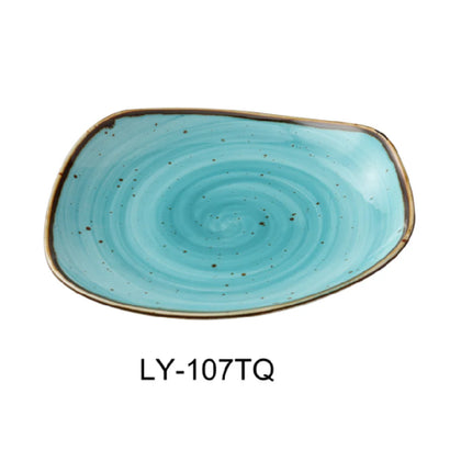 This plate features a free form shape with a curved coupe rim, this glazed turquoise plate is ideal for restaurants, catering operations, and hotels seeking reliable, dishwasher, oven, and microwave-safe dinnerware with a sophisticated appearance and ease of maintenance. Elevate your dining experience with the EcoQuality dinnerware.