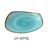 This plate features a free form shape with a curved coupe rim, this glazed turquoise plate is ideal for restaurants, catering operations, and hotels seeking reliable, dishwasher, oven, and microwave-safe dinnerware with a sophisticated appearance and ease of maintenance. Elevate your dining experience with the EcoQuality dinnerware.