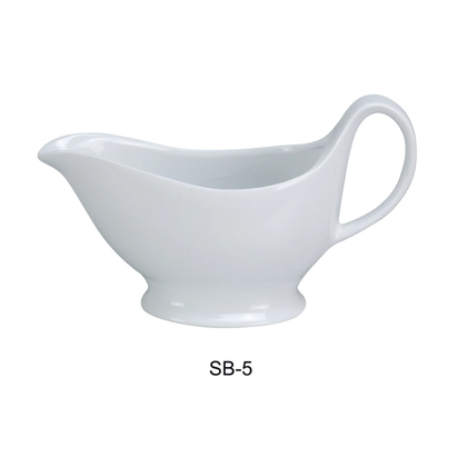Complete your tabletop service setting by investing in the EcoQuality sauce boat! Comes with curved lines and white color, this sauce boat is sure to impress your guest. Plus, its ample 5.5 ounce capacity is perfect for serving your favorite sauces and gravy! High quality and affordable restaurant dinnerware.