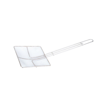 7-inch nickel plated square mesh skimmer with long handle for safe straining and lifting foods from deep fryers or boiling pots, durable fine wire construction, packed 48 per case