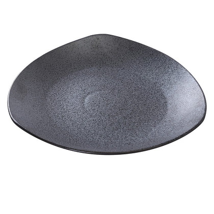 This triangular plate features a durable porcelain material that supports reliable use in everyday food presentation and service. Its black finish enhances visual appeal atop various dinnerware setups and its dishwasher, oven, and microwave safety ensures versatile functionality, making it suitable for institutional kitchens, catering services, and restaurant back-of-house operations. High quality affordable restaurant dinnerware.