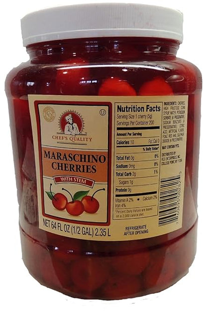 64 oz glass jar maraschino cherries with stems in syrup for garnish