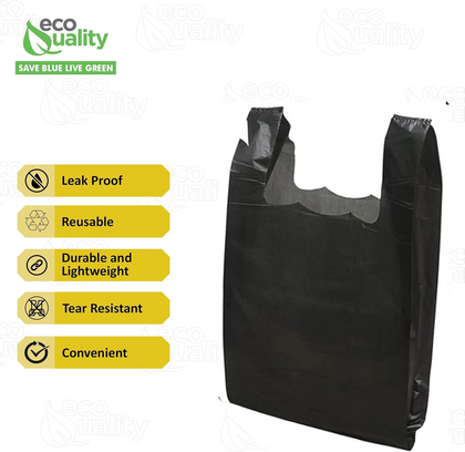 Large black plastic shopping bags with handles for retail and grocery use