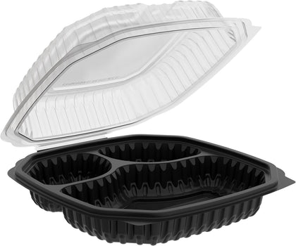 EcoQuality 3 compartment bagasse clamshell takeout box 10.5x9.5x3 inches