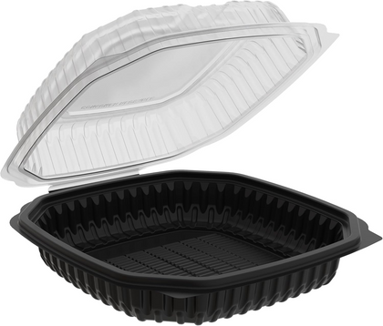 EcoQuality black hinged takeout container with clear lid 38oz 9x9x3 inches