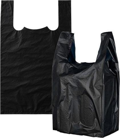 Large black plastic shopping bags with handles for retail and grocery use