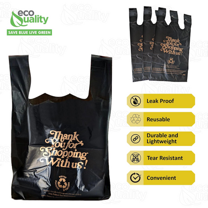 EcoQuality black thank you plastic shopping bags medium 10x5x18 inch