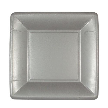 Solids Square Plates in 7-inch and 10-inch sizes. Available in silver, pearl, and gold tones, perfect for weddings, parties, or celebrations. Durable, stylish disposable dinnerware for all occasions.