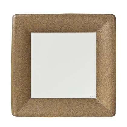 Textures Gold Square Plate in 7-inch and 10-inch sizes. Elegant disposable dinnerware for weddings, parties, and events. High-quality, BPA-free plates for appetizers, main courses, or desserts.