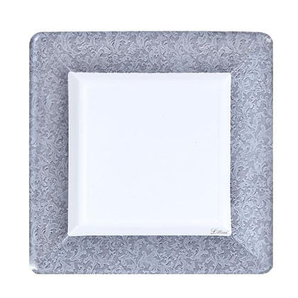 Textures Silver Square Plate in 7-inch and 10-inch sizes, featuring a stylish textured design, ideal for weddings, parties, and events, made of BPA-free disposable plastic for easy cleanup.