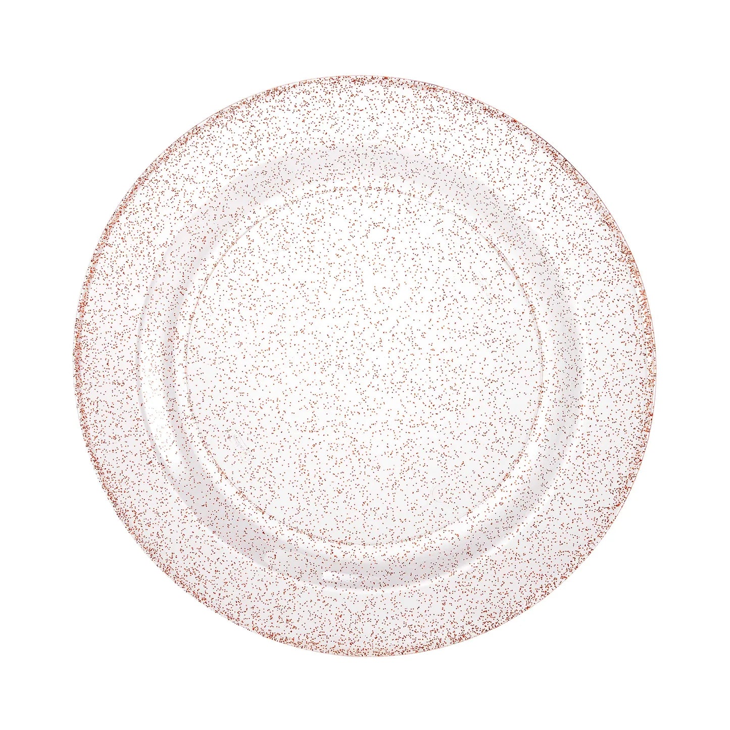 Rose gold round glitter plates in 7.5-inch, 9-inch, and 10.25-inch sizes. Perfect for meals, appetizers, salads, and desserts. Ideal for weddings, parties, catering, events. Durable, BPA-free, and reusable.