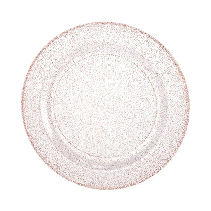 Rose gold round glitter plates in 7.5-inch, 9-inch, and 10.25-inch sizes. Perfect for meals, appetizers, salads, and desserts. Ideal for weddings, parties, catering, events. Durable, BPA-free, and reusable.