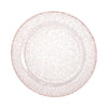 Rose gold round glitter plates in 7.5-inch, 9-inch, and 10.25-inch sizes. Perfect for meals, appetizers, salads, and desserts. Ideal for weddings, parties, catering, events. Durable, BPA-free, and reusable.