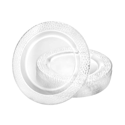 Pebbled Clear Plates in 10-inch, 9-inch, and 7-inch sizes. Elegant, durable, and reusable dinnerware. Perfect for upscale events, parties, weddings, and gatherings. Premium quality, recyclable, and disposable.