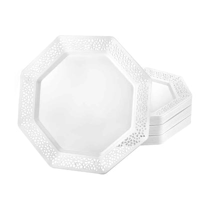 Lacetagon premium plastic octagonal plates in 11-inch, 9-inch, and 7-inch sizes. Durable, BPA-free, reusable, and disposable. Perfect for weddings, parties, catering, and elegant table settings.
