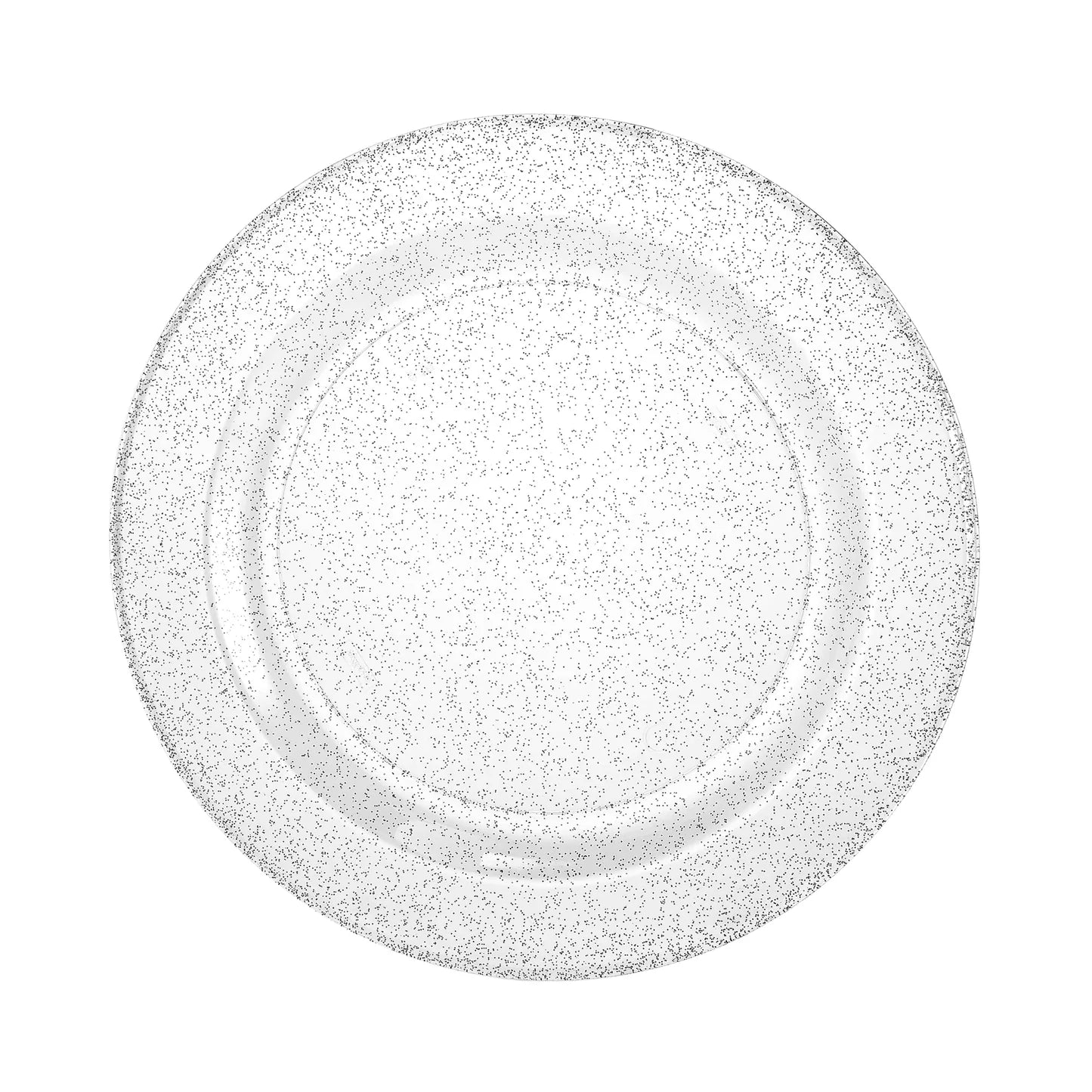 Round silver glitter plastic plates in 10.25-inch, 9-inch, and 7.5-inch sizes. Durable, BPA-free, reusable, and disposable. Perfect for weddings, parties, catering, and elegant table settings.