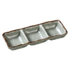 This triple sauce dish features three 2-ounce compartments crafted from durable melamine with a stylish matte green finish. Perfect for both restaurant and home dining, it offers a practical and eco-friendly way to serve sauces or condiments. Its sturdy construction ensures long-lasting use, while being dishwasher safe makes cleanup effortless. Elevate your dining experience with this versatile and sustainable serving solution.