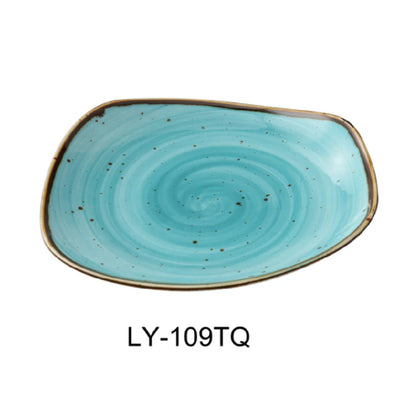 This plate features a free form shape with a curved coupe rim, this glazed turquoise plate is ideal for restaurants, catering operations, and hotels seeking reliable, dishwasher, oven, and microwave-safe dinnerware with a sophisticated appearance and ease of maintenance. Elevate your dining experience with the EcoQuality dinnerware.