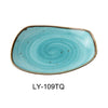 This plate features a free form shape with a curved coupe rim, this glazed turquoise plate is ideal for restaurants, catering operations, and hotels seeking reliable, dishwasher, oven, and microwave-safe dinnerware with a sophisticated appearance and ease of maintenance. Elevate your dining experience with the EcoQuality dinnerware.