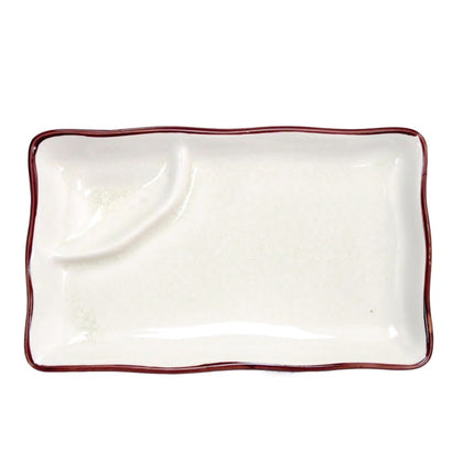  8-inch creamy white rectangular platter with triangular compartment, durable stoneware plate, microwave-safe, dishwasher-safe, ideal for sushi, appetizers, and sauce presentations.