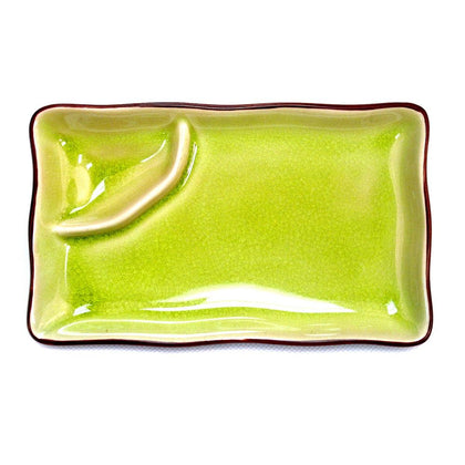  8-inch golden green rectangular platter with triangular compartment, durable stoneware plate, microwave-safe, dishwasher-safe, perfect for sushi, appetizers, and sauce presentations.