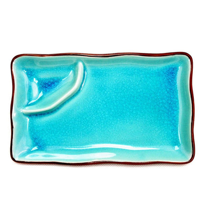  8-inch lake blue rectangular platter with triangular compartment, modern stoneware plate, microwave-safe, dishwasher-safe, perfect for sushi, appetizers, sauces, and elegant dining presentations.