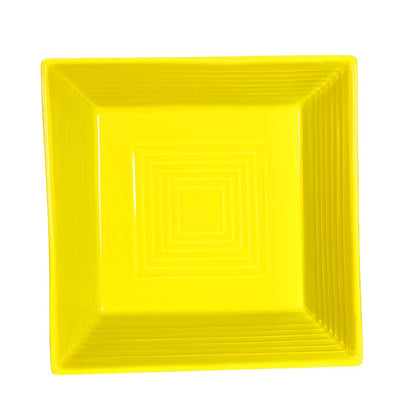 8-inch square plate in sunflower yellow with a modern design, chip-resistant, microwave and dishwasher safe, perfect for sides, appetizers, and desserts with bright, cheerful presentation.