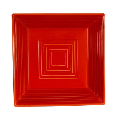 8-inch square red plate with modern design, chip-resistant, microwave and dishwasher safe, vibrant color ideal for serving appetizers, snacks, or desserts with bold tabletop presentation.