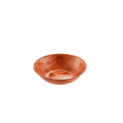 8-inch woven wood bowl with rustic design for salads, pasta, and appetizers; lightweight, durable, break-resistant, and easy to clean; ideal for restaurants and buffets; packed 144 per case.