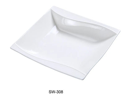 This soup plate features an elegant square shape with a 