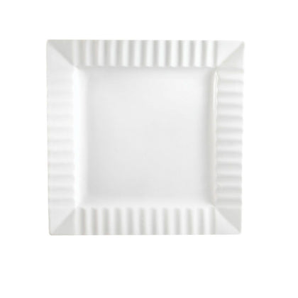 8.25-inch square plate with striped rim, durable and stylish, microwave-safe, oven-safe, dishwasher-safe, stain-resistant, perfect for serving appetizers, salads, desserts, and small entrees.