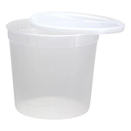 80oz plastic deli container with secure lid for bulk storage of soups, sauces, salads, and prepared foods, featuring BPA-free, microwave-safe, and reusable stackable design