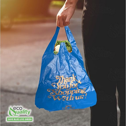 Large blue plastic shopping bags with thank you design for stores