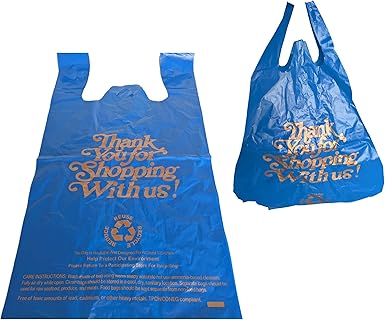 Large blue plastic shopping bags with thank you design for stores