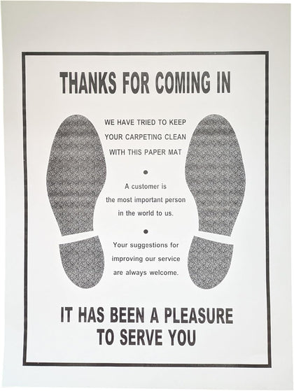 White disposable paper car mat with thank you message and footprints