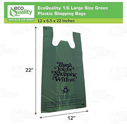 Large green plastic shopping bags with thank you message for retail