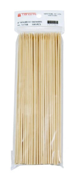 Pack of 100, 8-inch bamboo skewers, perfect for grilling, kebabs, and appetizers.


