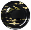Round Marble Premium Gold on Black Plate, 10-inch and 8-inch sizes. Elegant BPA-free plastic dinnerware with black marble design and gold accents, perfect for weddings, parties, and upscale dining.